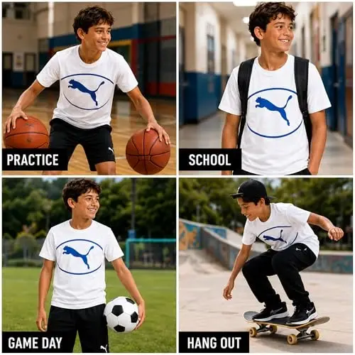 PUMA Boys T-Shirt - Cat Logo T-Shirt for Boys - Athletic Crewneck Short Sleeve Tee (S-XL), Size Large, Green/Yellow - 2