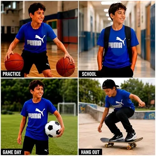 PUMA Boys T-Shirt - Cat Logo T-Shirt for Boys - Athletic Crewneck Short Sleeve Tee (S-XL), Size Large, Green/Yellow - 2