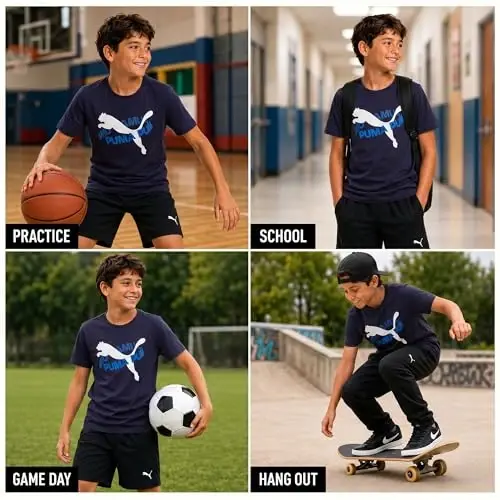 PUMA Boys T-Shirt - Cat Logo T-Shirt for Boys - Athletic Crewneck Short Sleeve Tee (S-XL), Size Large, Green/Yellow - 2