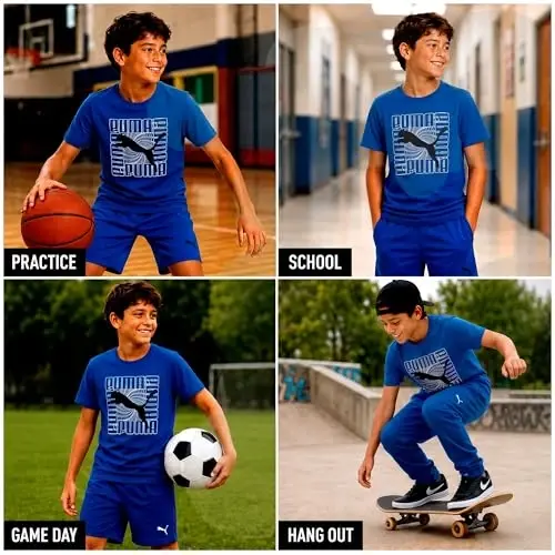 PUMA Boys T-Shirt - Cat Logo T-Shirt for Boys - Athletic Crewneck Short Sleeve Tee (S-XL), Size Large, Green/Yellow - 2