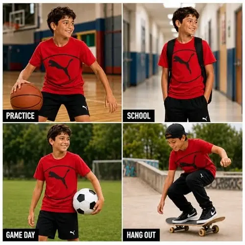 PUMA Boys T-Shirt - Cat Logo T-Shirt for Boys - Athletic Crewneck Short Sleeve Tee (S-XL), Size Large, Green/Yellow - 2