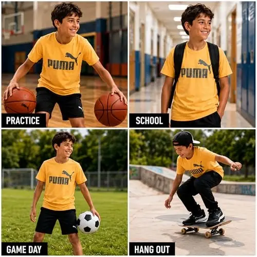 PUMA Boys T-Shirt - Cat Logo T-Shirt for Boys - Athletic Crewneck Short Sleeve Tee (S-XL), Size Large, Green/Yellow - 2