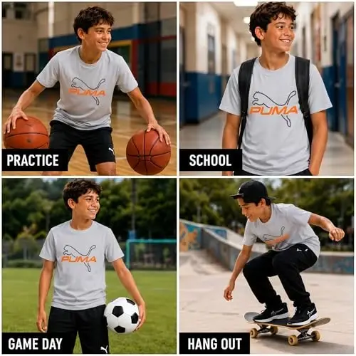 PUMA Boys T-Shirt - Cat Logo T-Shirt for Boys - Athletic Crewneck Short Sleeve Tee (S-XL), Size Large, Green/Yellow - 2