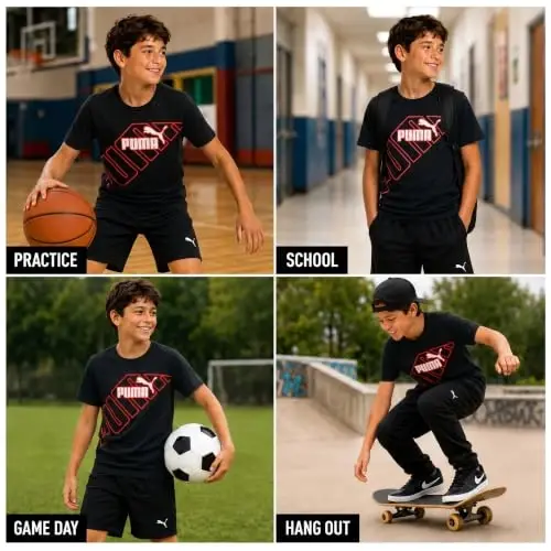 PUMA Boys T-Shirt - Cat Logo T-Shirt for Boys - Athletic Crewneck Short Sleeve Tee (S-XL), Size Large, Green/Yellow - 3