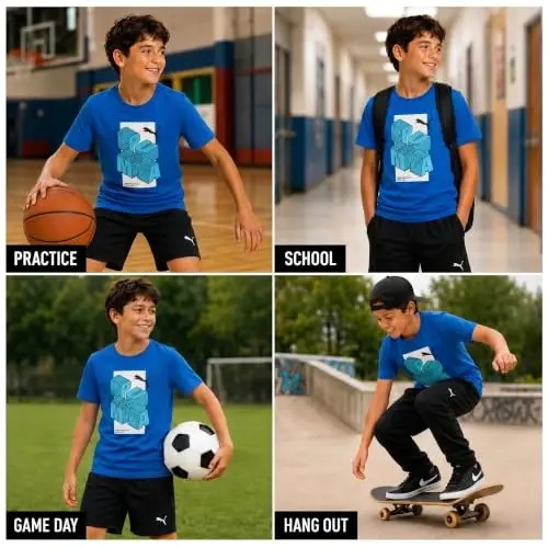 PUMA Boys T-Shirt - Cat Logo T-Shirt for Boys - Athletic Crewneck Short Sleeve Tee (S-XL), Size Large, Green/Yellow - 3