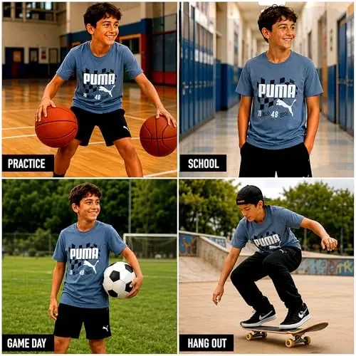 PUMA Boys T-Shirt - Cat Logo T-Shirt for Boys - Athletic Crewneck Short Sleeve Tee (S-XL), Size Large, Green/Yellow - 3
