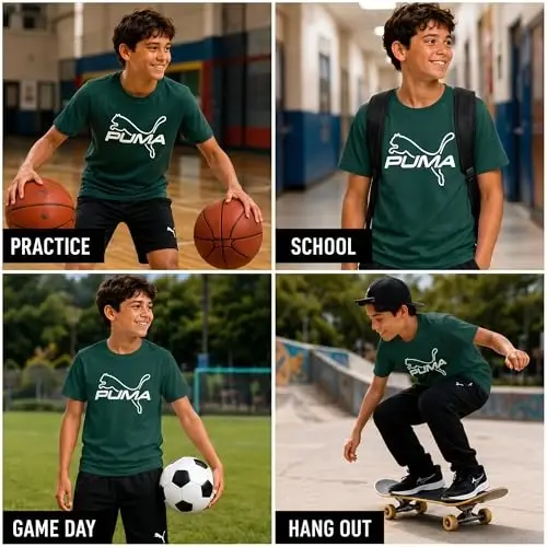 PUMA Boys T-Shirt - Cat Logo T-Shirt for Boys - Athletic Crewneck Short Sleeve Tee (S-XL), Size Large, Green/Yellow - 3