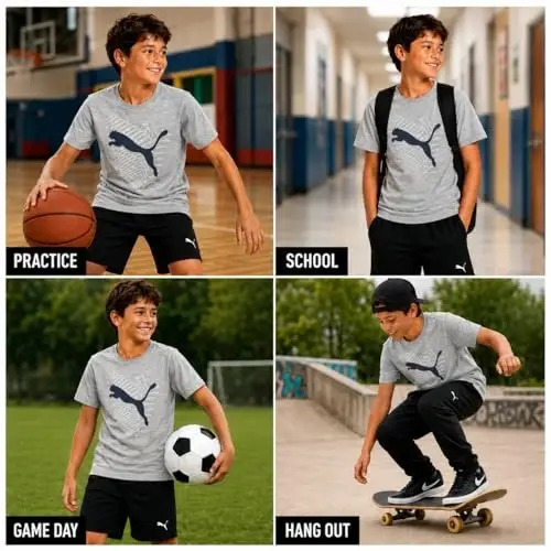 PUMA Boys T-Shirt - Cat Logo T-Shirt for Boys - Athletic Crewneck Short Sleeve Tee (S-XL), Size Large, Green/Yellow - 3