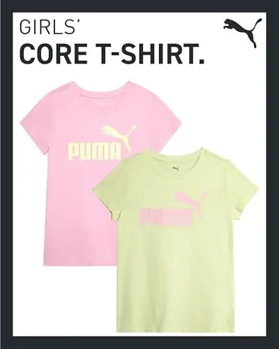 PUMA Girls 2 Pack T-Shirts Core Logo Short Sleeve Tee Shirts (Sizes S-XL) | Soft Breathable Cotton Blend, Comfortable Casual Fit, Great for School, Play & Everyday Athletic Wear - 3