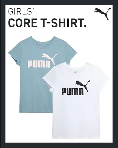 PUMA Girls 2 Pack T-Shirts Core Logo Short Sleeve Tee Shirts (Sizes S-XL) | Soft Breathable Cotton Blend, Comfortable Casual Fit, Great for School, Play & Everyday Athletic Wear - 3