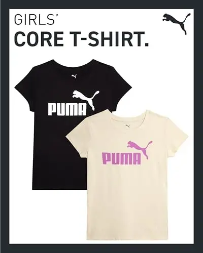 PUMA Girls 2 Pack T-Shirts Core Logo Short Sleeve Tee Shirts (Sizes S-XL) | Soft Breathable Cotton Blend, Comfortable Casual Fit, Great for School, Play & Everyday Athletic Wear - 3