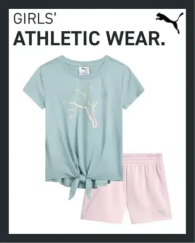 PUMA Girls Athletic Shorts Set - 2 Piece Active Performance TShirt and Gym Bike Kids Shorts Girls Activewear Set (7-14) - 2