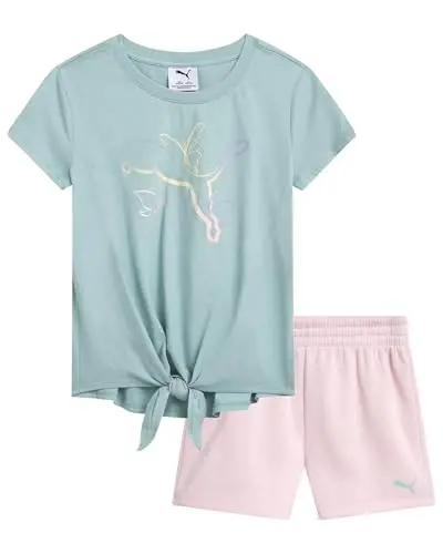 PUMA Girls Athletic Shorts Set - 2 Piece Active Performance TShirt and Gym Bike Kids Shorts Girls Activewear Set (7-14) 