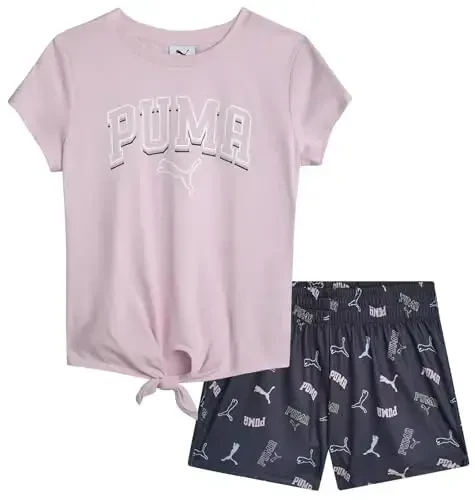 PUMA Girls Athletic Shorts Set - 2 Piece Active Performance TShirt and Gym Bike Kids Shorts Girls Activewear Set (7-14) - 1