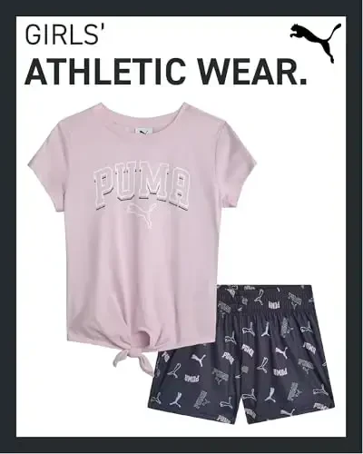 PUMA Girls Athletic Shorts Set - 2 Piece Active Performance TShirt and Gym Bike Kids Shorts Girls Activewear Set (7-14) - 2