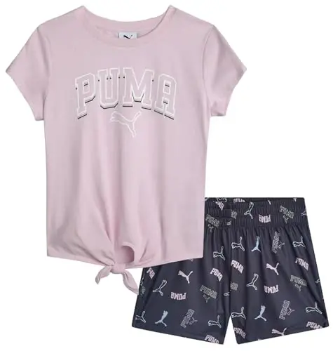 PUMA Girls Athletic Shorts Set - 2 Piece Active Performance TShirt and Gym Bike Kids Shorts Girls Activewear Set (7-14) - MODAZONE