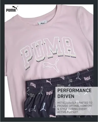 PUMA Girls Athletic Shorts Set - 2 Piece Active Performance TShirt and Gym Bike Kids Shorts Girls Activewear Set (7-14) - 3