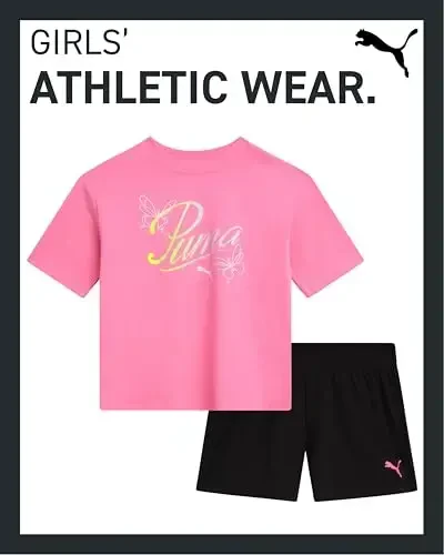 PUMA Girls Athletic Shorts Set - 2 Piece Active Performance TShirt and Gym Bike Kids Shorts Girls Activewear Set (7-14) - Modazone (1)
