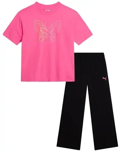 PUMA Girls' Pants Set - 2 Piece Short Sleeve Crewneck Fashion Graphic Tee Shirt and French Terry Flare Pants for Girls (7-14) - 1