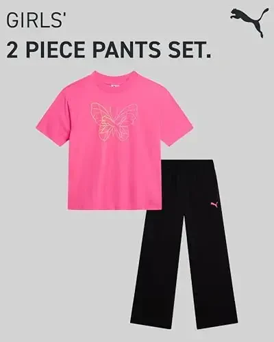 PUMA Girls' Pants Set - 2 Piece Short Sleeve Crewneck Fashion Graphic Tee Shirt and French Terry Flare Pants for Girls (7-14) - 2