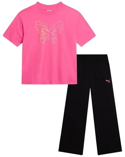 PUMA Girls' Pants Set - 2 Piece Short Sleeve Crewneck Fashion Graphic Tee Shirt and French Terry Flare Pants for Girls (7-14) 