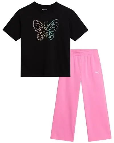 PUMA Girls' Pants Set - 2 Piece Short Sleeve Crewneck Fashion Graphic Tee Shirt and French Terry Flare Pants for Girls (7-14) - 1