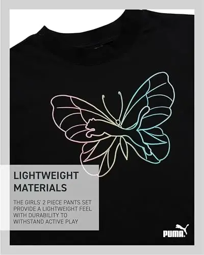 PUMA Girls' Pants Set - 2 Piece Short Sleeve Crewneck Fashion Graphic Tee Shirt and French Terry Flare Pants for Girls (7-14) - 4