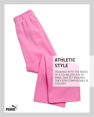 PUMA Girls' Pants Set - 2 Piece Short Sleeve Crewneck Fashion Graphic Tee Shirt and French Terry Flare Pants for Girls (7-14) - 6