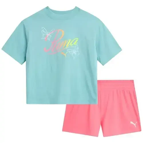 PUMA Girls Athletic Shorts Set - 2 Piece Active Performance TShirt and Gym Bike Kids Shorts Girls Activewear Set (7-14) 
