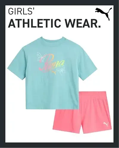 PUMA Girls Athletic Shorts Set - 2 Piece Active Performance TShirt and Gym Bike Kids Shorts Girls Activewear Set (7-14) - Modazone (1)