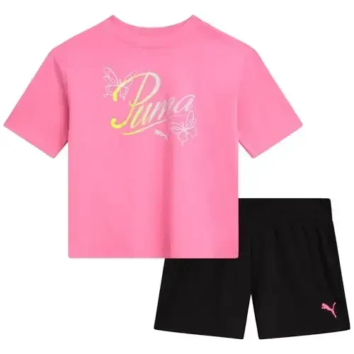 PUMA Girls Athletic Shorts Set - 2 Piece Active Performance TShirt and Gym Bike Kids Shorts Girls Activewear Set (7-14) 