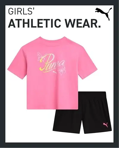PUMA Girls Athletic Shorts Set - 2 Piece Active Performance TShirt and Gym Bike Kids Shorts Girls Activewear Set (7-14) - 2