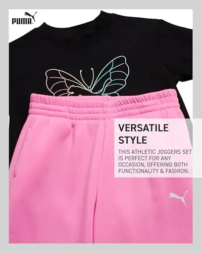 PUMA Girls' Pants Set - 2 Piece Short Sleeve Crewneck Fashion Graphic Tee Shirt and French Terry Flare Pants for Girls (7-14) - 3