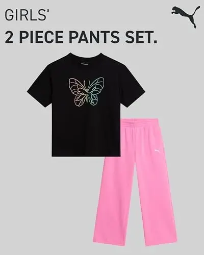 PUMA Girls' Pants Set - 2 Piece Short Sleeve Crewneck Fashion Graphic Tee Shirt and French Terry Flare Pants for Girls (7-14) - 2