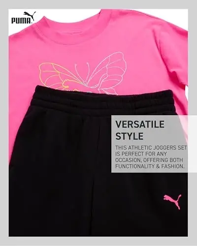 PUMA Girls' Pants Set - 2 Piece Short Sleeve Crewneck Fashion Graphic Tee Shirt and French Terry Flare Pants for Girls (7-14) - 3