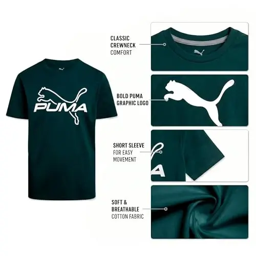 PUMA o‘g‘il bolalar uchun futbolka - Cat logotipli futbolka - Atletik ekipaj bo‘yinli kalta yengli futbolka (S-XL), Katta o‘lcham, Yashil/Sariq - 5