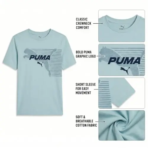 PUMA O‘g‘il bolalar uchun futbolka - O‘g‘il bolalar uchun Cat Logo futbolkasi - Sport uslubidagi yumaloq yoqali kalta yengli futbolka (S-XL), Katta o‘lcham (Large), Yashil/Sariq - 5