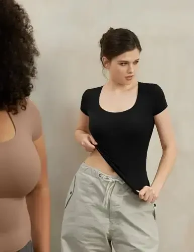 PUMIEY Ayollar futbolkalari Qisqa yengli O-yoq Basic Ko'chaga chiqish toplari Moda Slim Fit Tee Smoke Cloud Pro Collection - 5