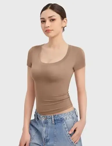 PUMIEY Ayollar futbolkalari Qisqa yengli Scoop bo'yin Asosiy Ko'chaga chiqish toplari Moda Slim Fit Tee Smoke Cloud Pro Collection - 4