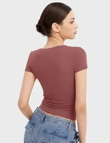 PUMIEY Ayollar futbolkalari Qisqa yengli Scoop bo'yin Asosiy Ko'chaga chiqish toplari Moda Slim Fit Tee Tutun buluti Pro to'plami - 3