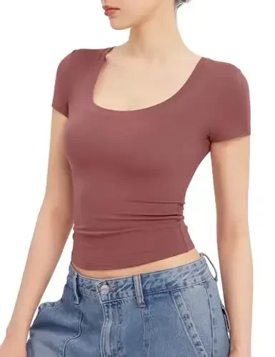 PUMIEY Ayollar futbolkalari Qisqa yengli Scoop bo'yin Asosiy Ko'chaga chiqish toplari Moda Slim Fit Tee Tutun buluti Pro to'plami - 4