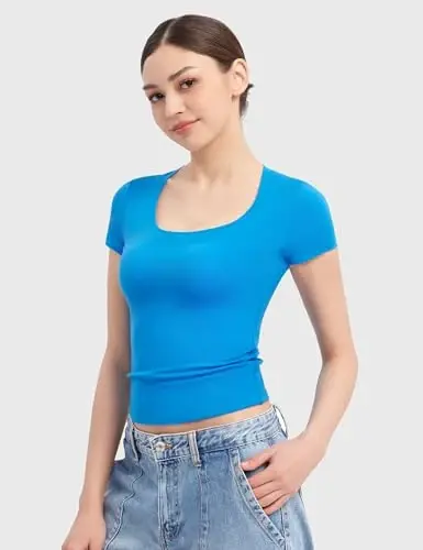 PUMIEY Ayollar uchun futbolkalar Qisqa yengli O'yiqli bo'yin Asosiy Kiyinish uchun toplar Moda Torli Fit Tee Tutun buluti Pro to'plami - Modazone (1)