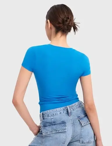 PUMIEY Ayollar uchun futbolkalar Qisqa yengli O'yiqli bo'yin Asosiy Kiyinish uchun toplar Moda Torli Fit Tee Tutun buluti Pro to'plami - 3