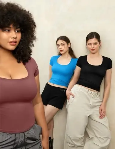 PUMIEY Ayollar uchun futbolkalar Qisqa yengli O'yiqli bo'yin Asosiy Kiyinish uchun toplar Moda Torli Fit Tee Tutun buluti Pro to'plami - 5