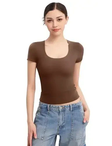 PUMIEY Women's Scoop Neck Short Sleeve T Shirt Slim Fit Sexy Tops Smoke Cloud Collection - 6