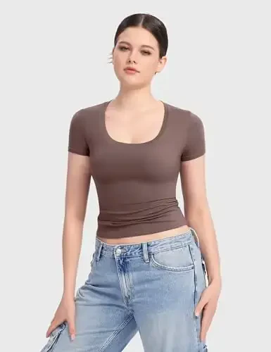 PUMIEY Women's Scoop Neck Short Sleeve T Shirt Slim Fit Sexy Tops Smoke Cloud Collection - 4