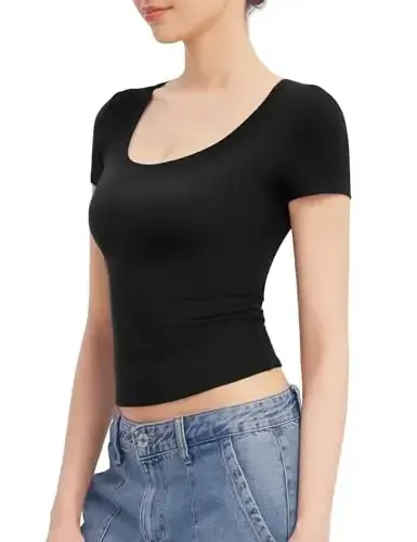 PUMIEY Women's Scoop Neck Short Sleeve T Shirt Slim Fit Sexy Tops Smoke Cloud Collection - 4