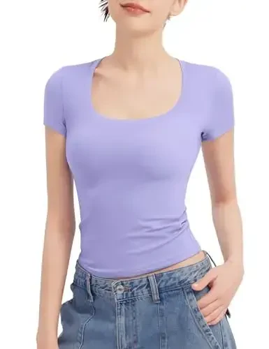 PUMIEY Women's Scoop Neck Short Sleeve T Shirt Slim Fit Sexy Tops Smoke Cloud Collection - 1