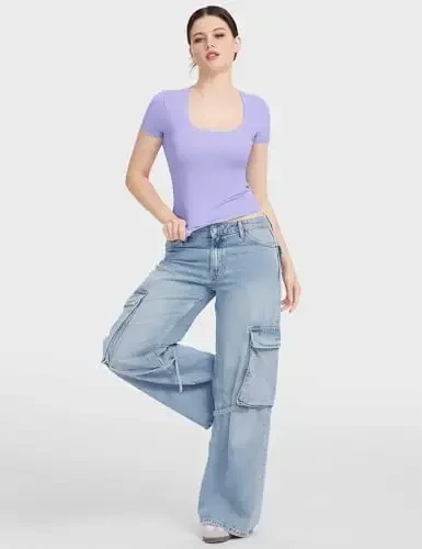 PUMIEY Women's Scoop Neck Short Sleeve T Shirt Slim Fit Sexy Tops Smoke Cloud Collection - 5