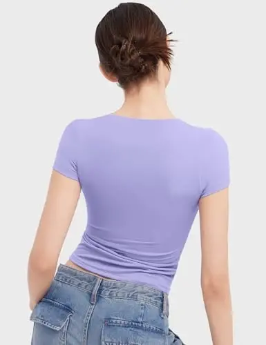PUMIEY Women's T Shirts Short Sleeve Scoop Neck Basic Going Out Tops Fashion Slim Fit Tee Smoke Cloud Pro Collection - 2